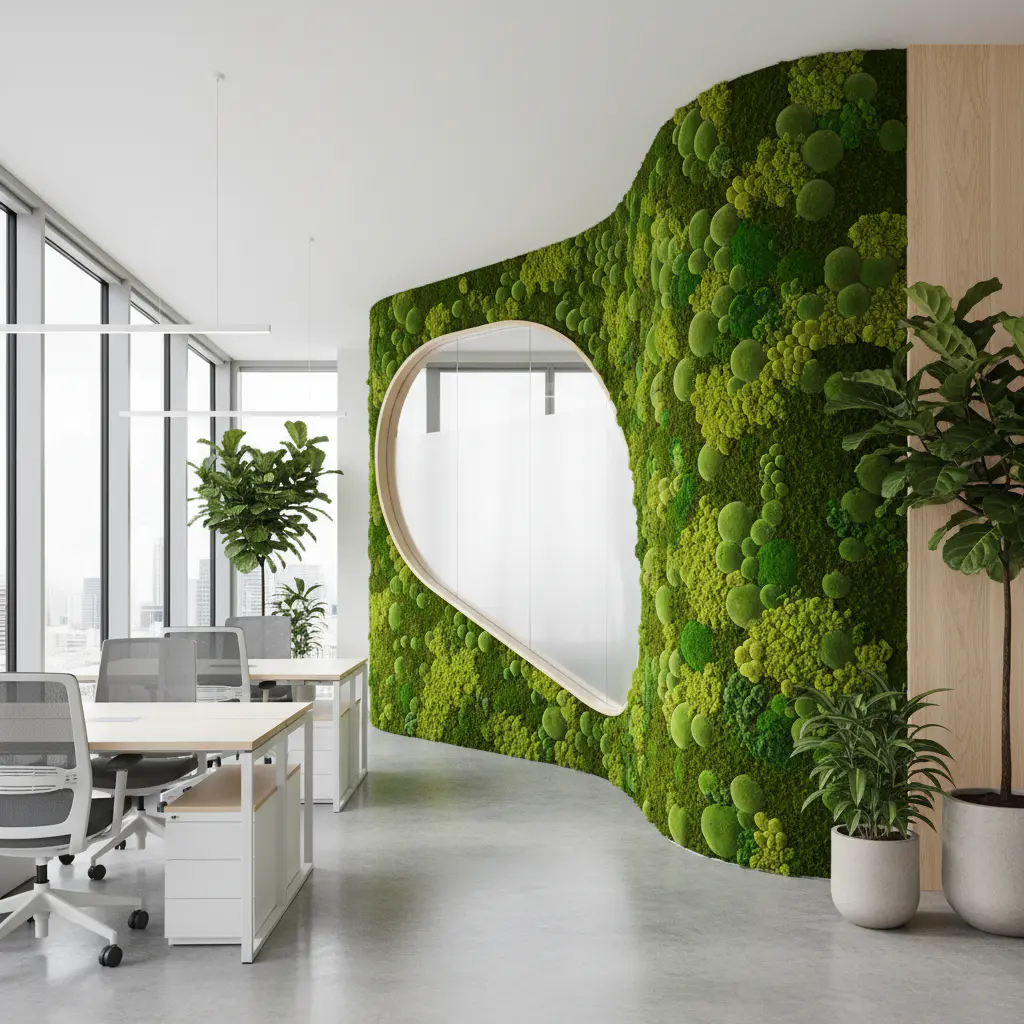 A large architectural moss installation curving around a modern office partition