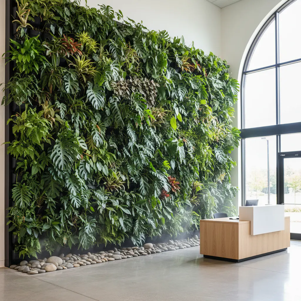 Dense tropical living wall in a corporate lobby