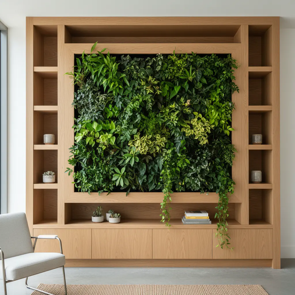 Integrated living wall within custom millwork