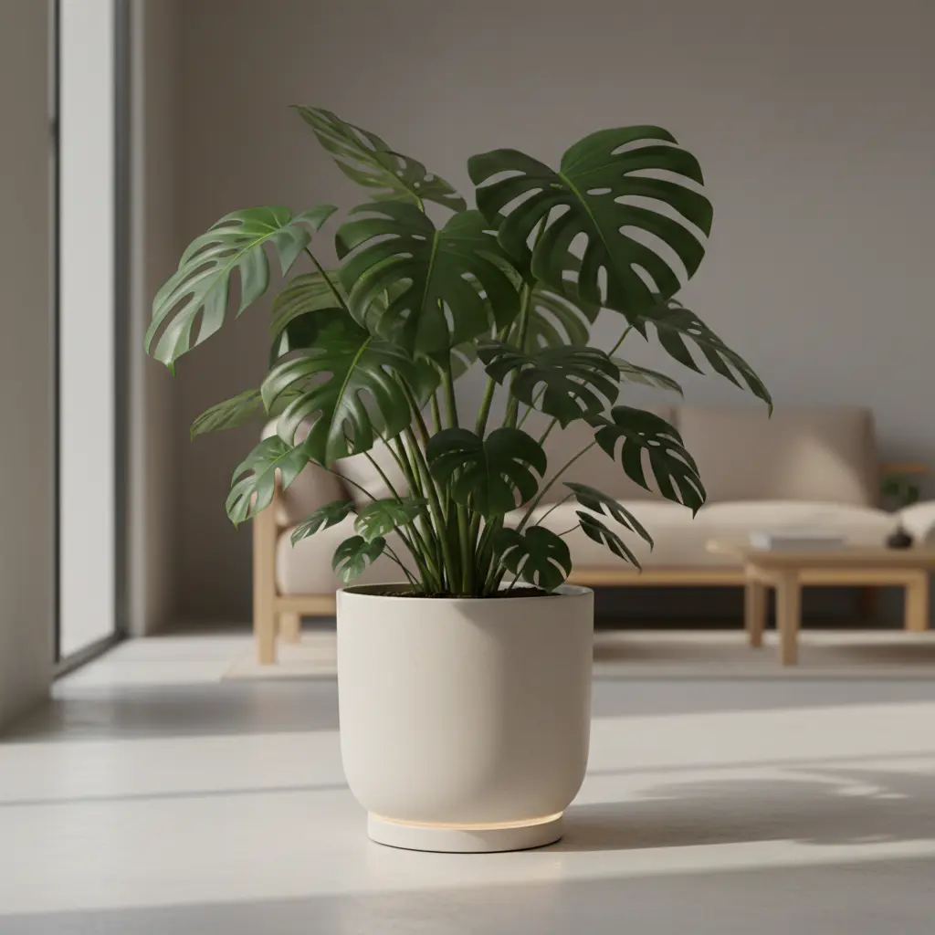 Minimalist matte ceramic smart planter containing a large monstera plant