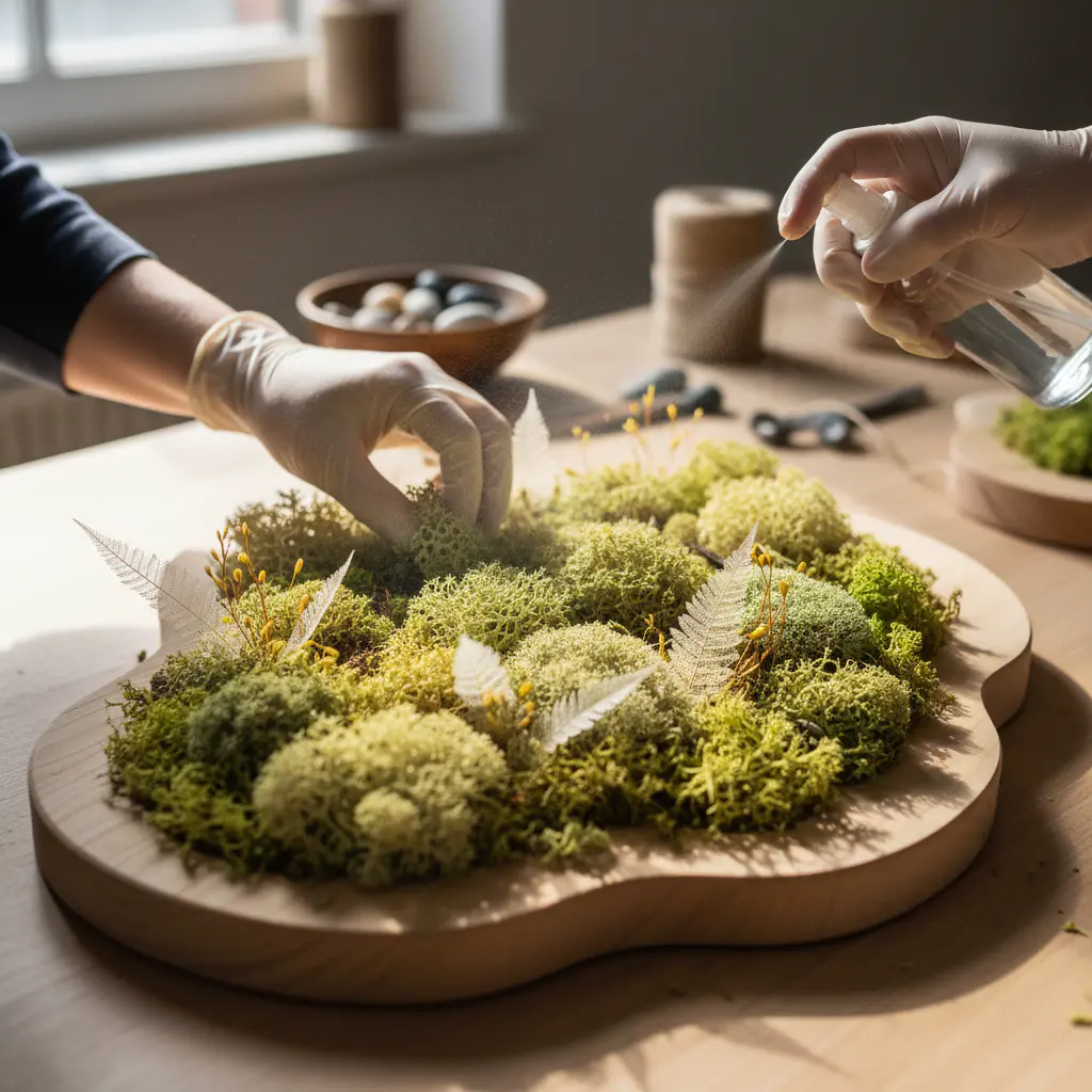Close-up of moss installation process