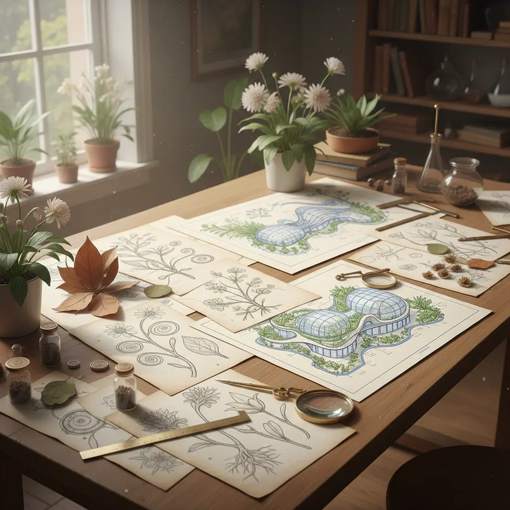 Design sketches and botanical blueprints