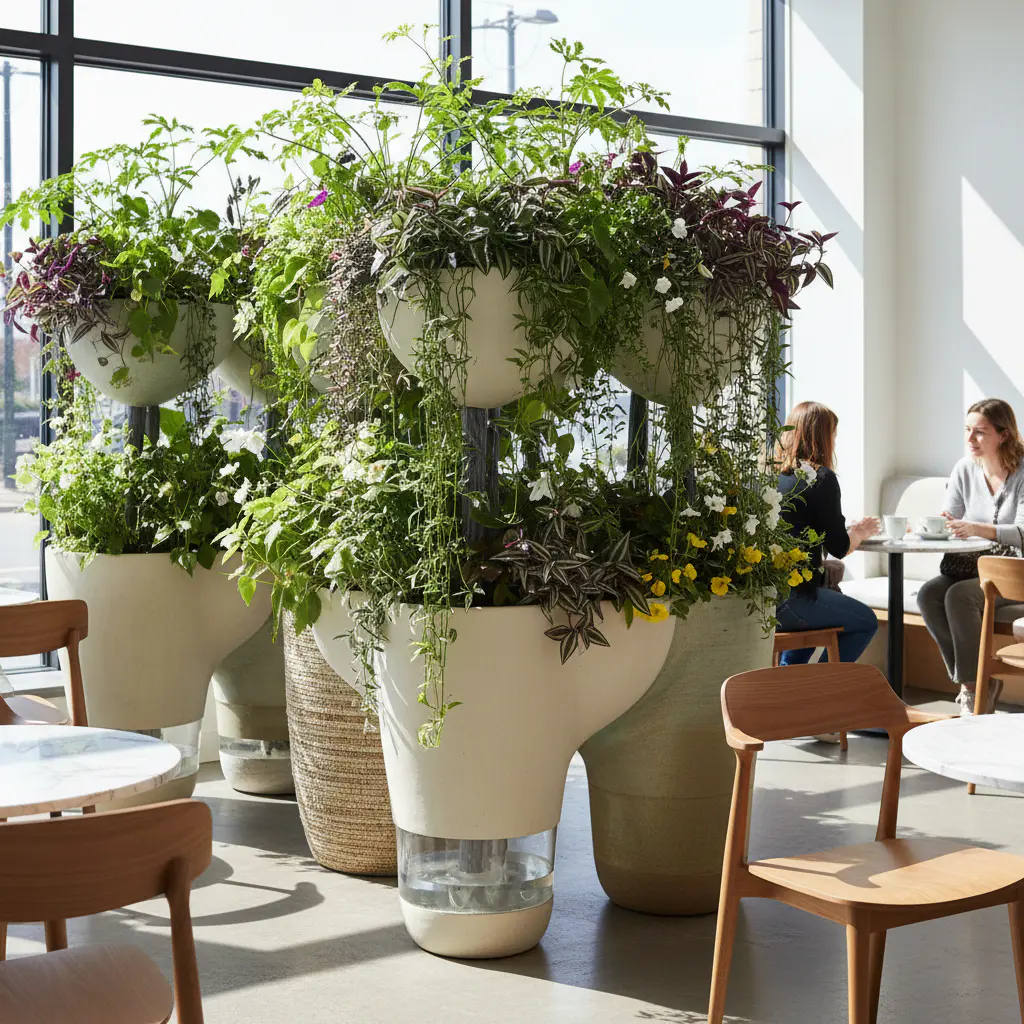 Self-watering planters used as cafe dividers