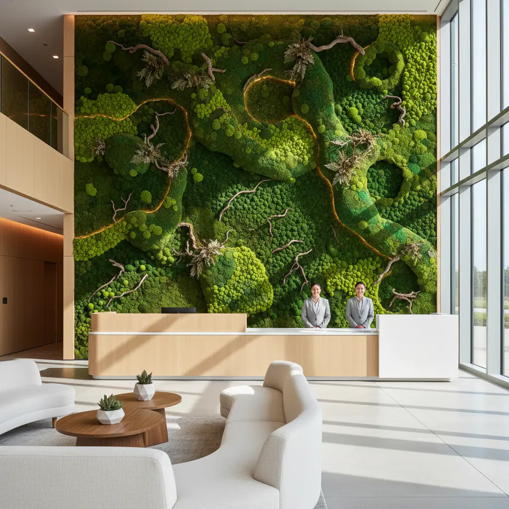 Corporate lobby with preserved moss wall