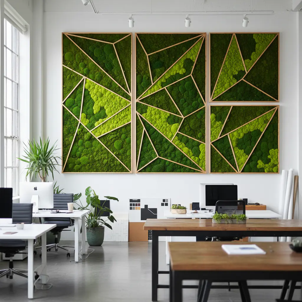 Geometric moss wall art in a creative studio